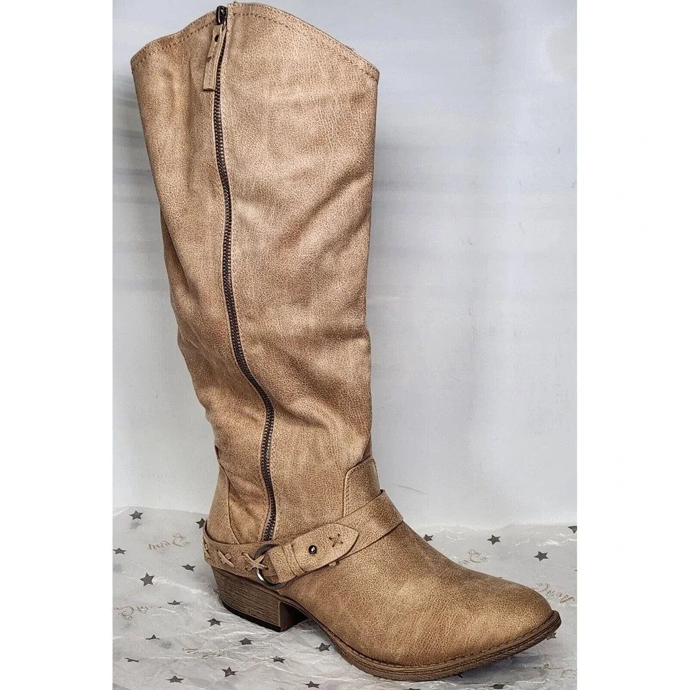 Very G Merlot Boots Women Size 8 Cream Distressed Slouchy Knee High Harness Zip